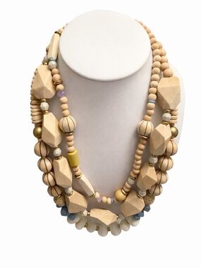 Plunder Layered Wood Bead Statement Necklace Neutral Gold Accent Adjustable NWOT